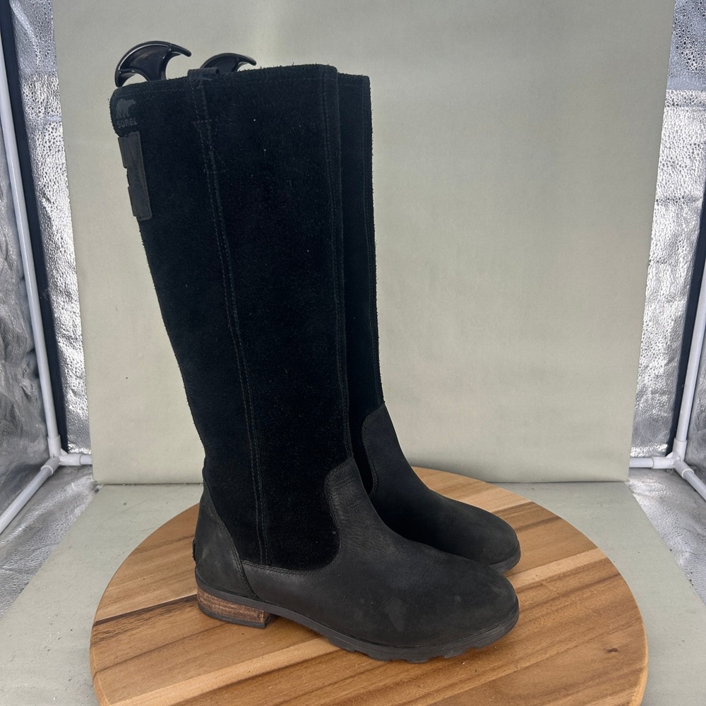Sorel Danica Tall Black Leather Suede Riding Boots NL2740-011 Womens Size 7.5
